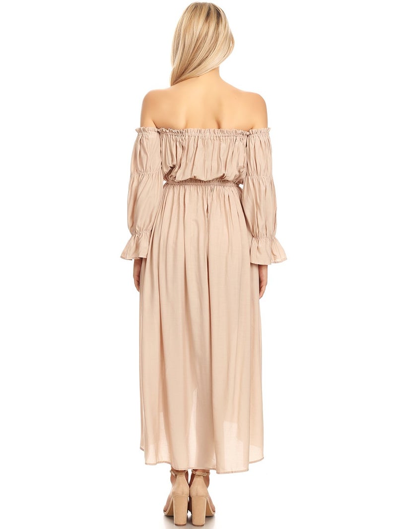 Anna-Kaci Womens Boho Long Sleeve Off Shoulder Renaissance Peasant Dress, Beige, Medium - Image 2